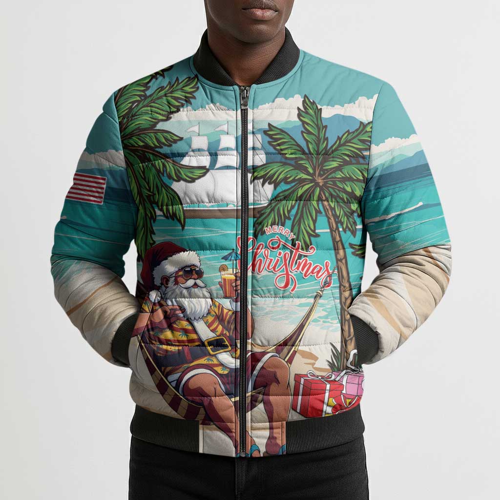 Liberia Christmas Bomber Puffer Jacket Santa Chill on Tropical Beach