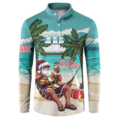 Liberia Christmas Button Sweatshirt Santa Chill on Tropical Beach