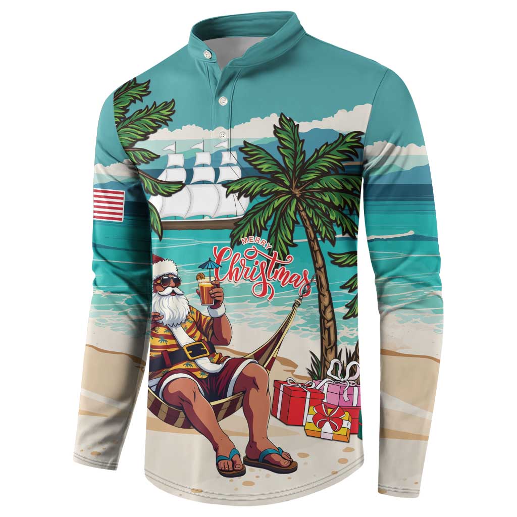 Liberia Christmas Button Sweatshirt Santa Chill on Tropical Beach