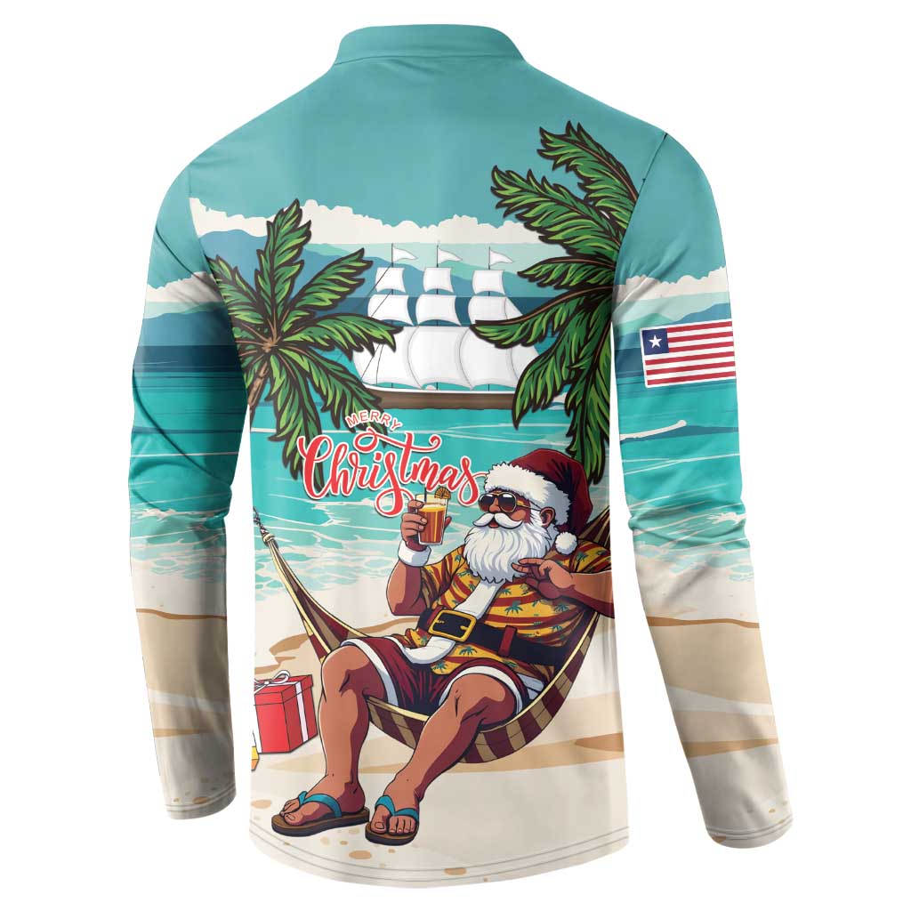 Liberia Christmas Button Sweatshirt Santa Chill on Tropical Beach