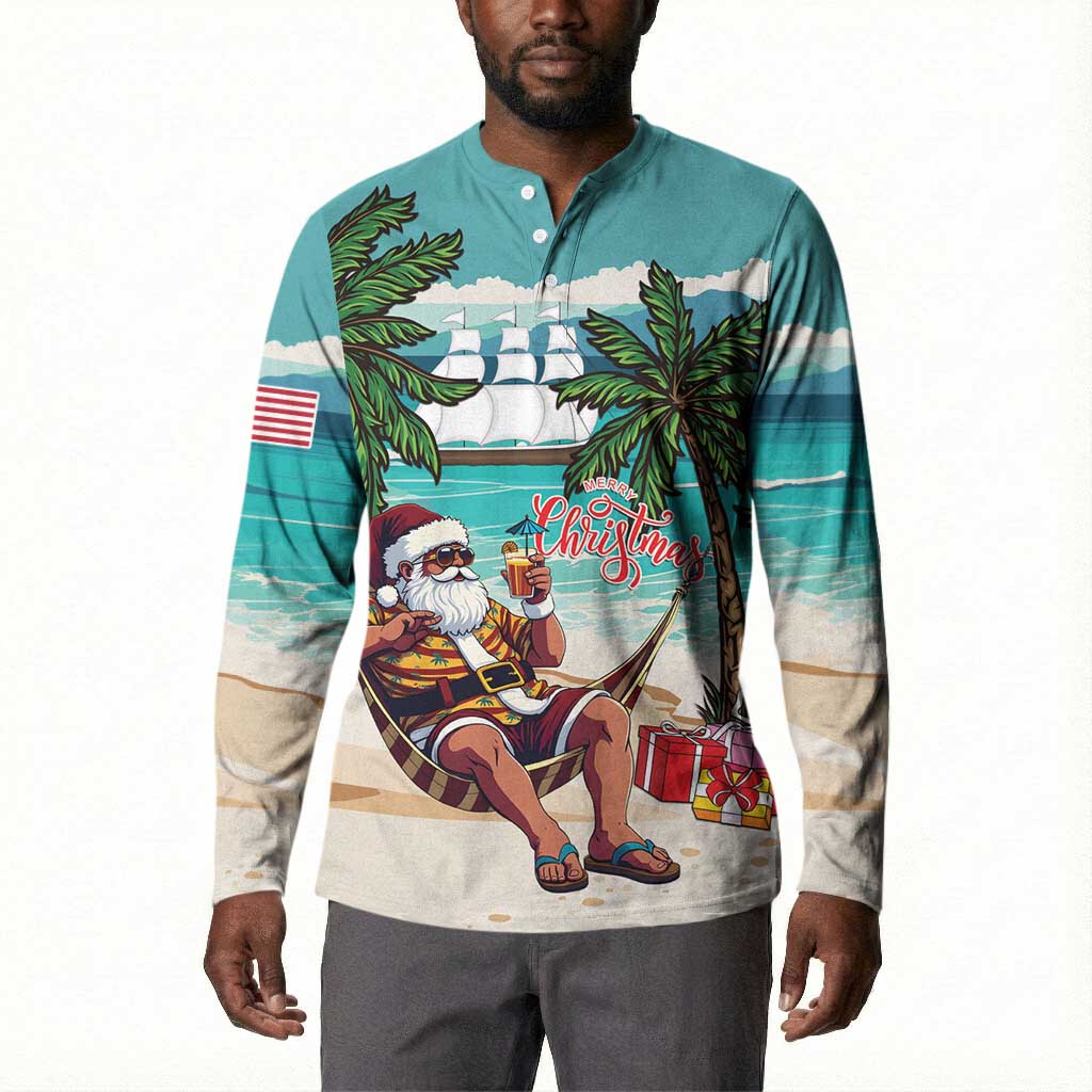 Liberia Christmas Button Sweatshirt Santa Chill on Tropical Beach