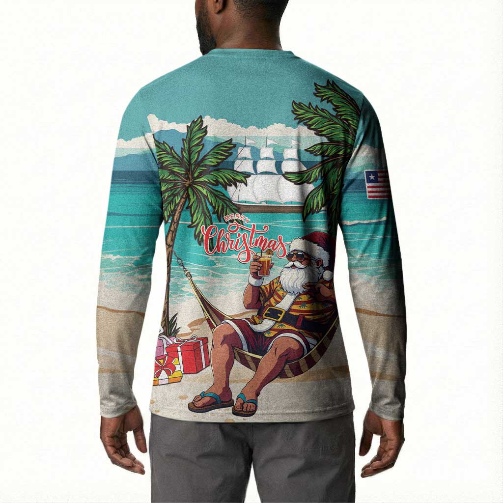 Liberia Christmas Button Sweatshirt Santa Chill on Tropical Beach