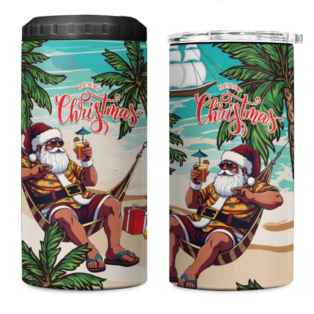 Afro Christmas in Liberia 4 in 1 Can Cooler Tumbler Santa Chill on Tropical Beach - African Pride