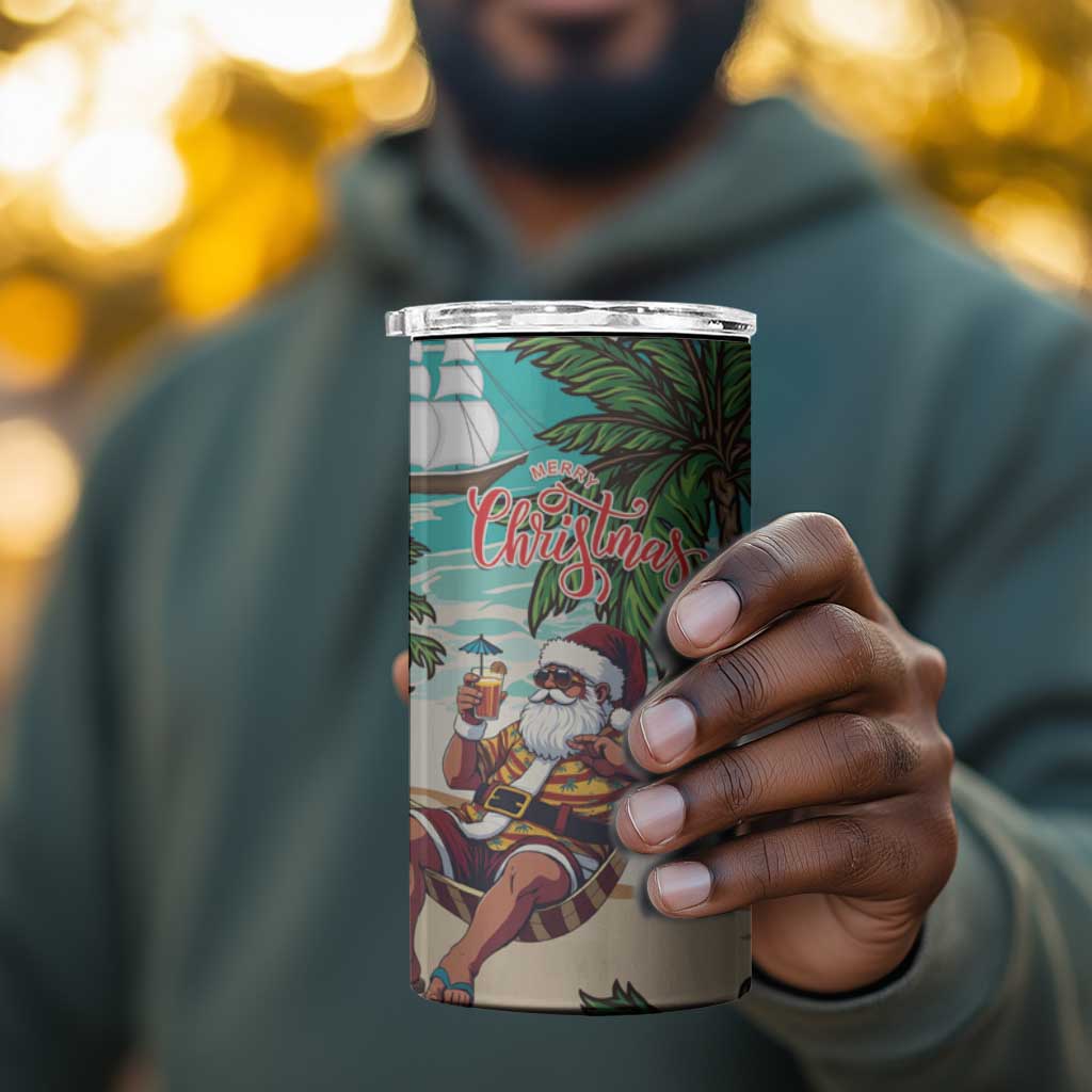 Afro Christmas in Liberia 4 in 1 Can Cooler Tumbler Santa Chill on Tropical Beach - African Pride