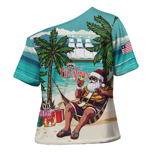 Liberia Christmas Cross Shoulder Shirt Santa Chill on Tropical Beach