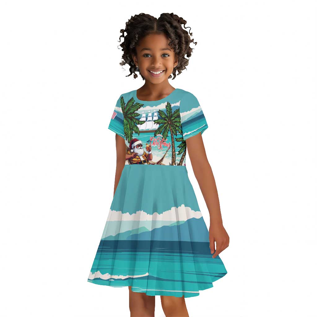 Afro Christmas in Liberia Kid Short Sleeve Dress Santa Chill on Tropical Beach - African Pride
