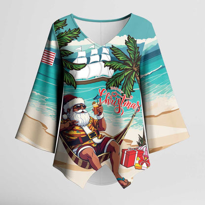 Liberia Christmas Kimono Sleeve Blouse Santa Chill on Tropical Beach