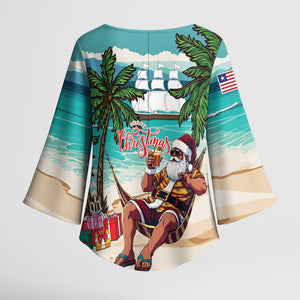 Liberia Christmas Kimono Sleeve Blouse Santa Chill on Tropical Beach