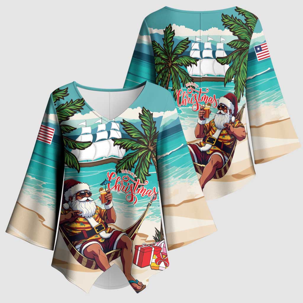 Liberia Christmas Kimono Sleeve Blouse Santa Chill on Tropical Beach