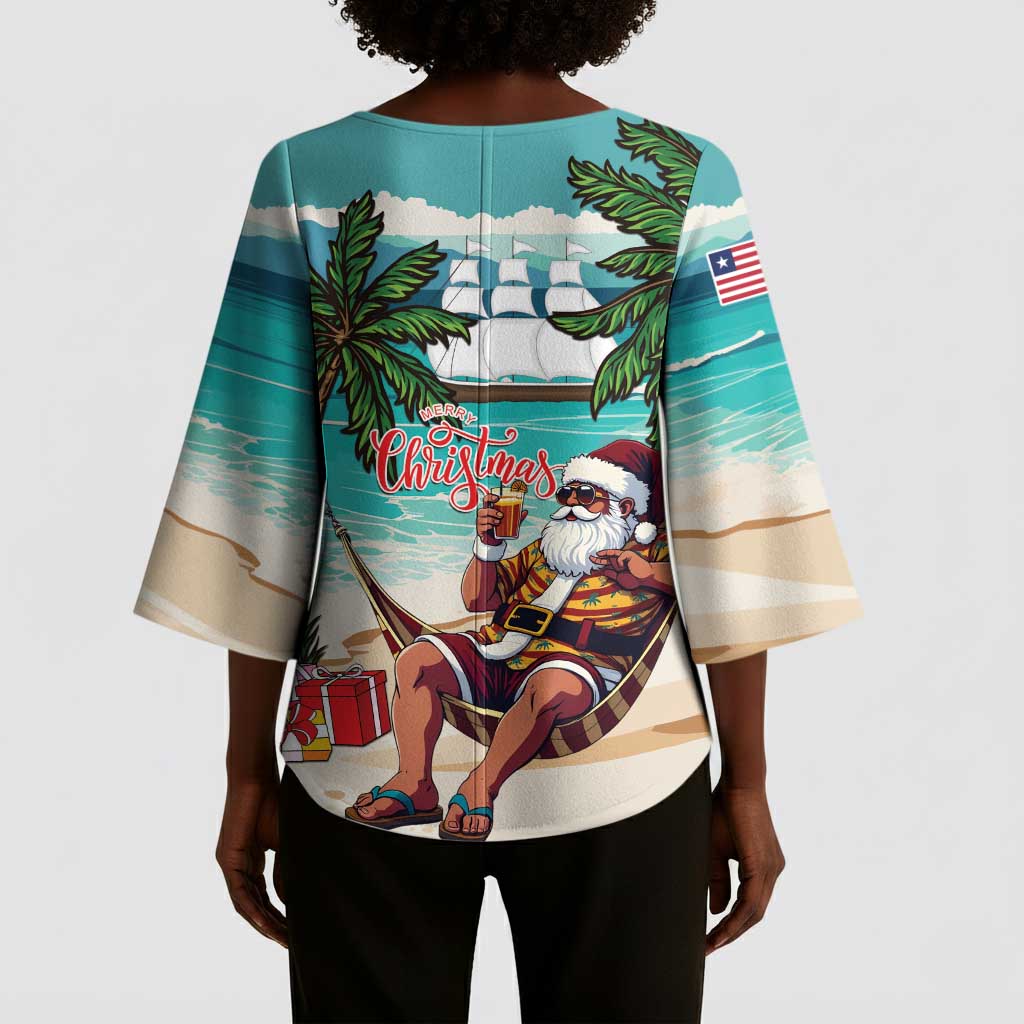 Liberia Christmas Kimono Sleeve Blouse Santa Chill on Tropical Beach