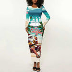 Afro Christmas in Liberia Long Sleeve Bodycon Dress Santa Chill on Tropical Beach - African Pride