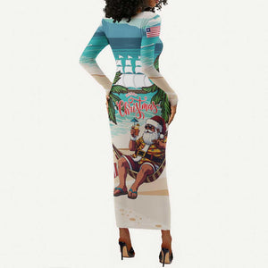 Afro Christmas in Liberia Long Sleeve Bodycon Dress Santa Chill on Tropical Beach - African Pride