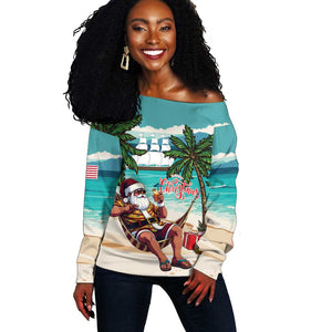 Afro Christmas in Liberia Off Shoulder Sweater Santa Chill on Tropical Beach - African Pride