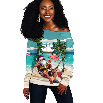 Afro Christmas in Liberia Off Shoulder Sweater Santa Chill on Tropical Beach - African Pride