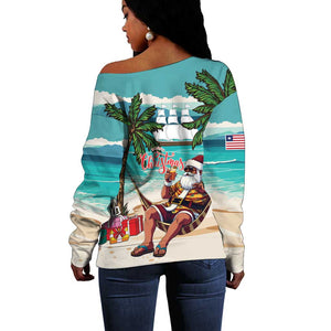 Afro Christmas in Liberia Off Shoulder Sweater Santa Chill on Tropical Beach - African Pride