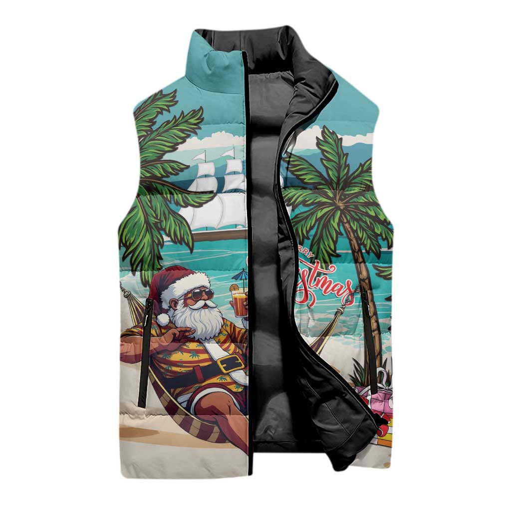 Liberia Christmas Sleeveless Puffer Jacket Santa Chill on Tropical Beach