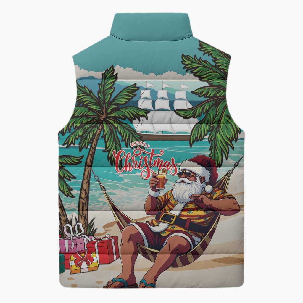 Liberia Christmas Sleeveless Puffer Jacket Santa Chill on Tropical Beach