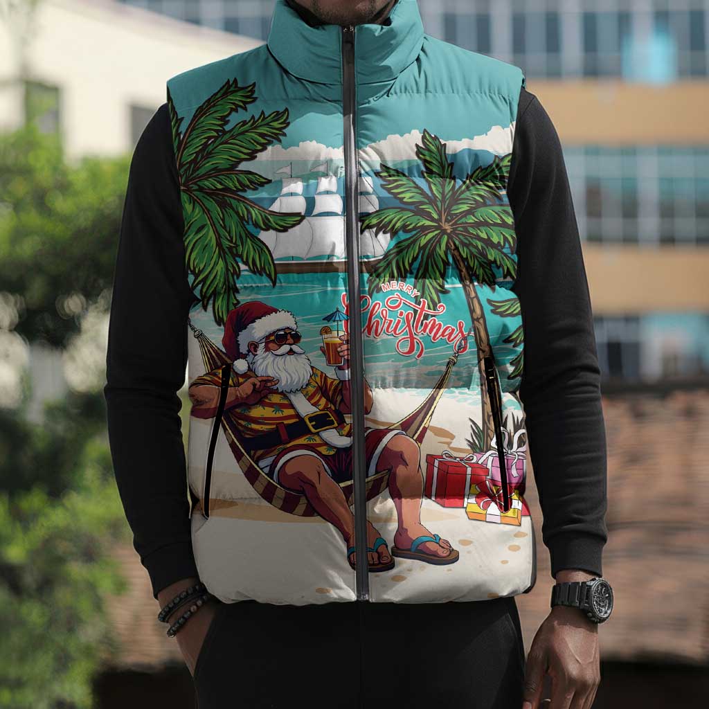 Liberia Christmas Sleeveless Puffer Jacket Santa Chill on Tropical Beach