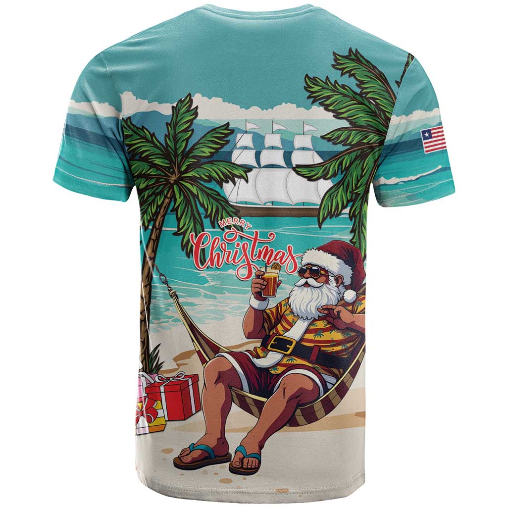 Afro Christmas in Liberia T shirt Santa Chill on Tropical Beach - African Pride