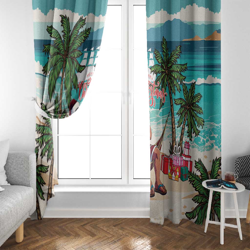 Afro Christmas in Liberia Window Curtain Santa Chill on Tropical Beach - African Pride