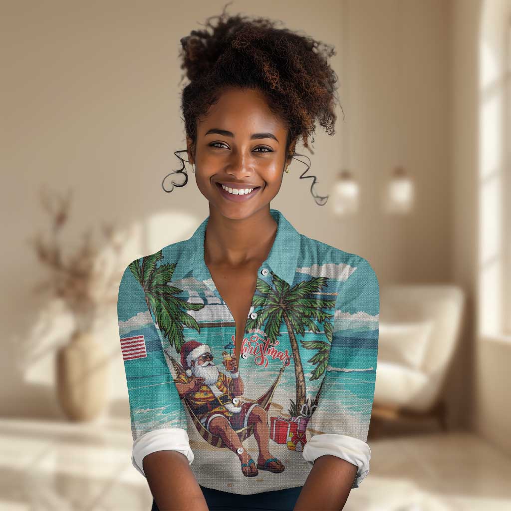 Afro Christmas in Liberia Women Casual Shirt Santa Chill on Tropical Beach - African Pride