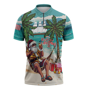 Liberia Christmas Zipper Polo Shirt Santa Chill on Tropical Beach