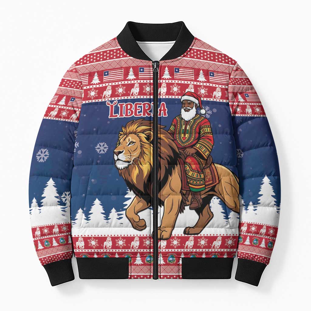 Personalized Liberia Christmas Bomber Puffer Jacket Black Santa Riding Lion - Merry Christmas