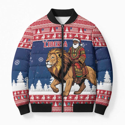 Personalized Liberia Christmas Bomber Puffer Jacket Black Santa Riding Lion - Merry Christmas
