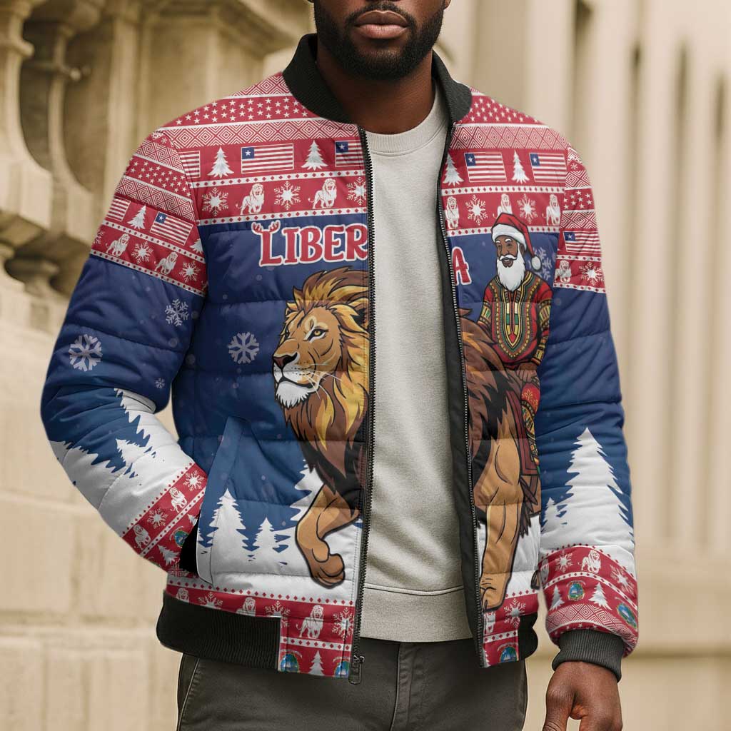 Personalized Liberia Christmas Bomber Puffer Jacket Black Santa Riding Lion - Merry Christmas
