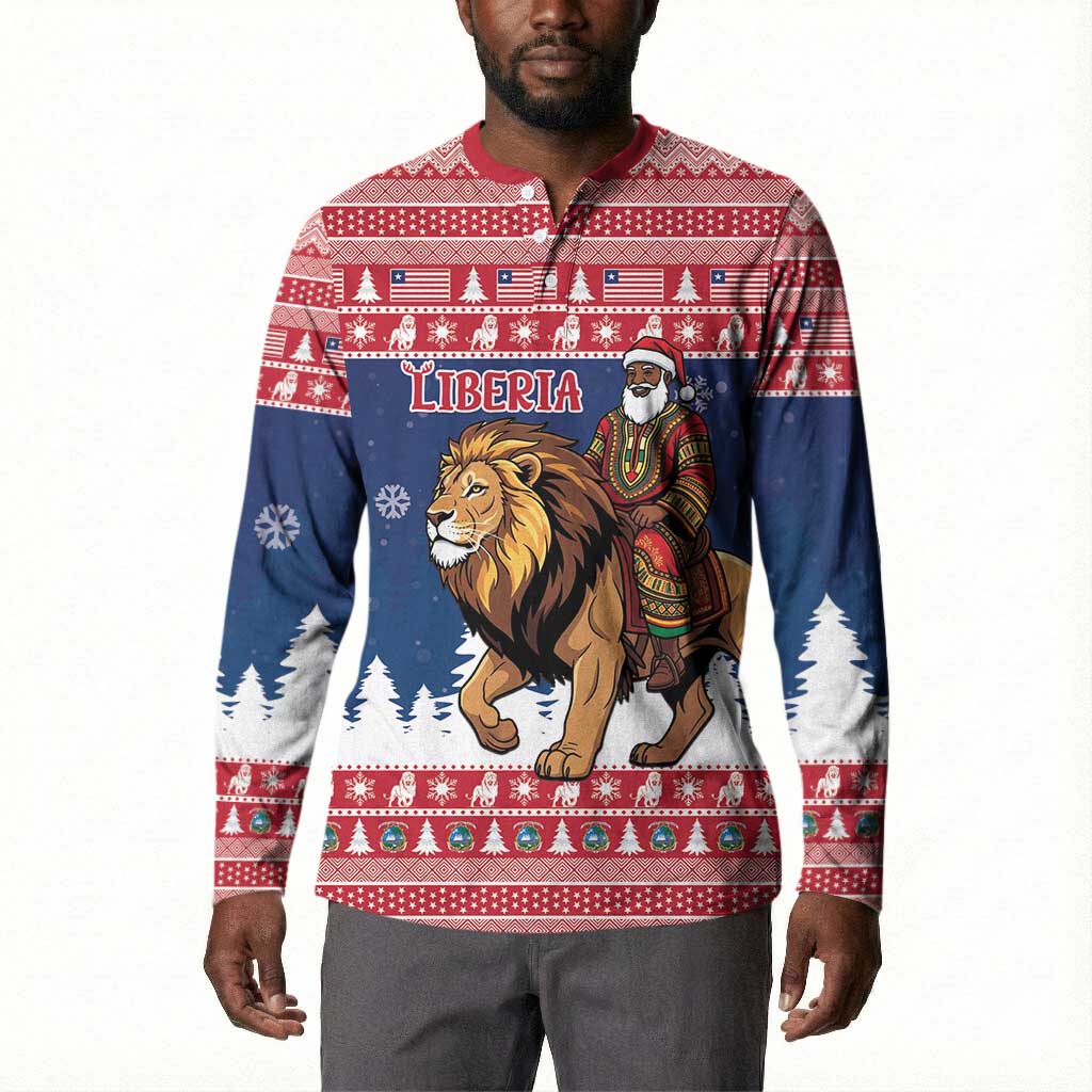 Personalized Liberia Christmas Button Sweatshirt Black Santa Riding Lion - Merry Christmas