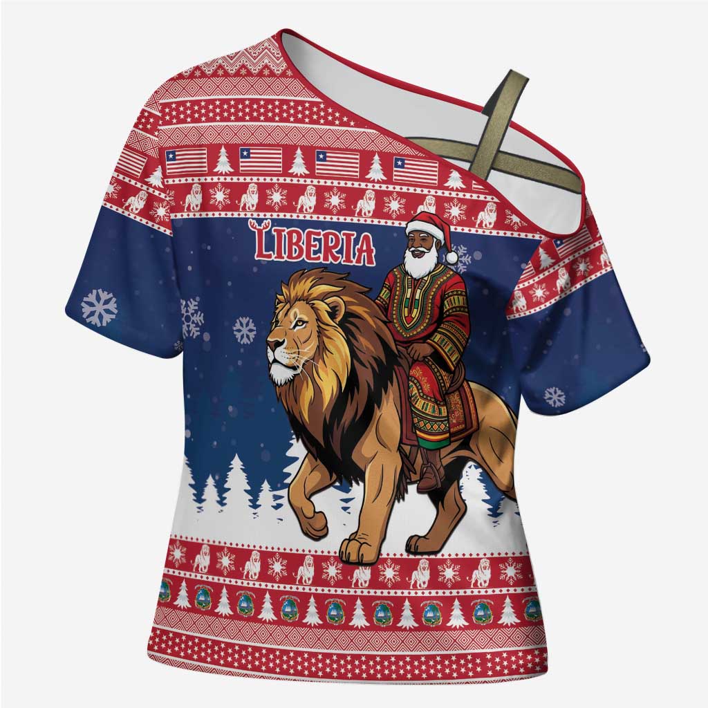 Personalized Liberia Christmas Cross Shoulder Shirt Black Santa Riding Lion - Merry Christmas