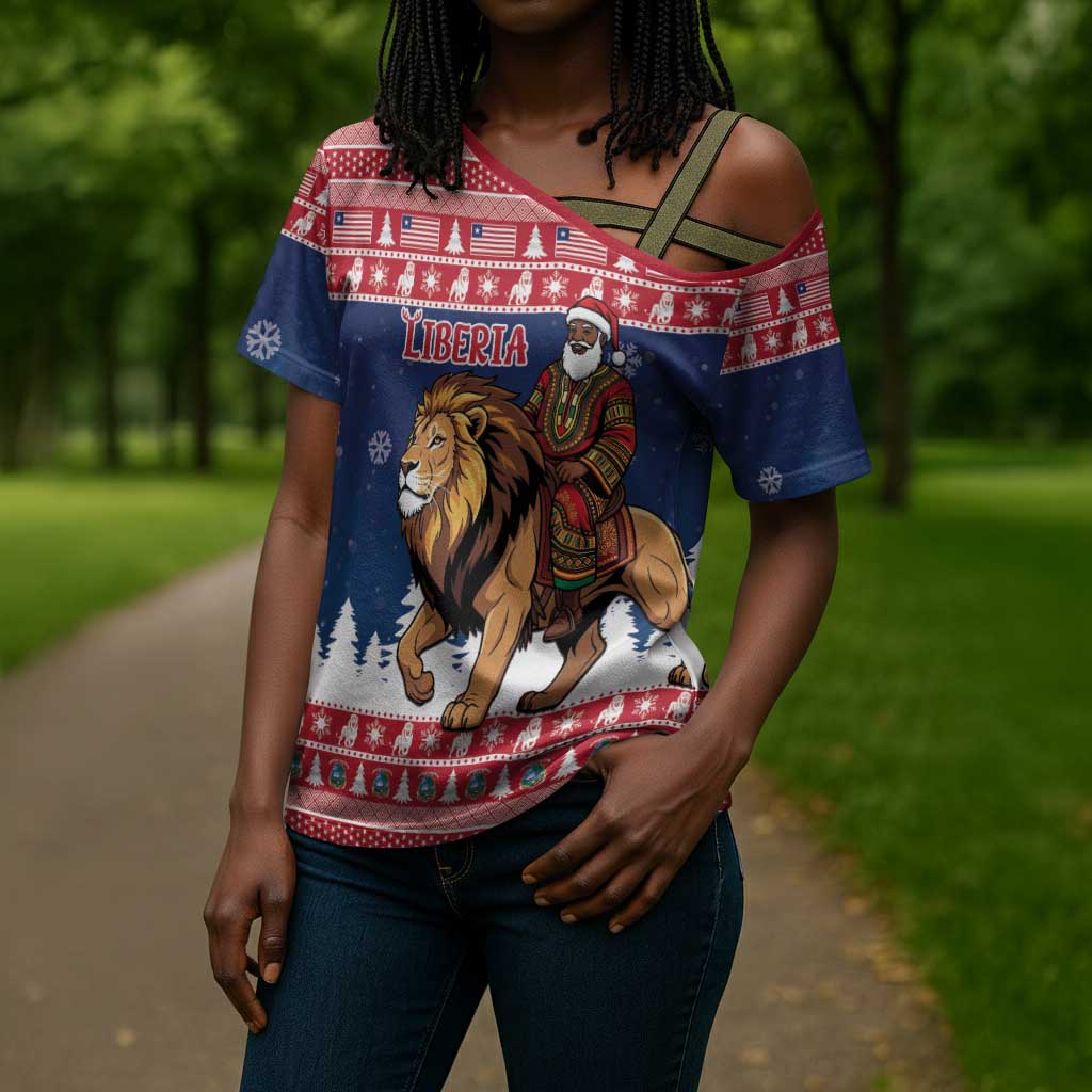 Personalized Liberia Christmas Cross Shoulder Shirt Black Santa Riding Lion - Merry Christmas