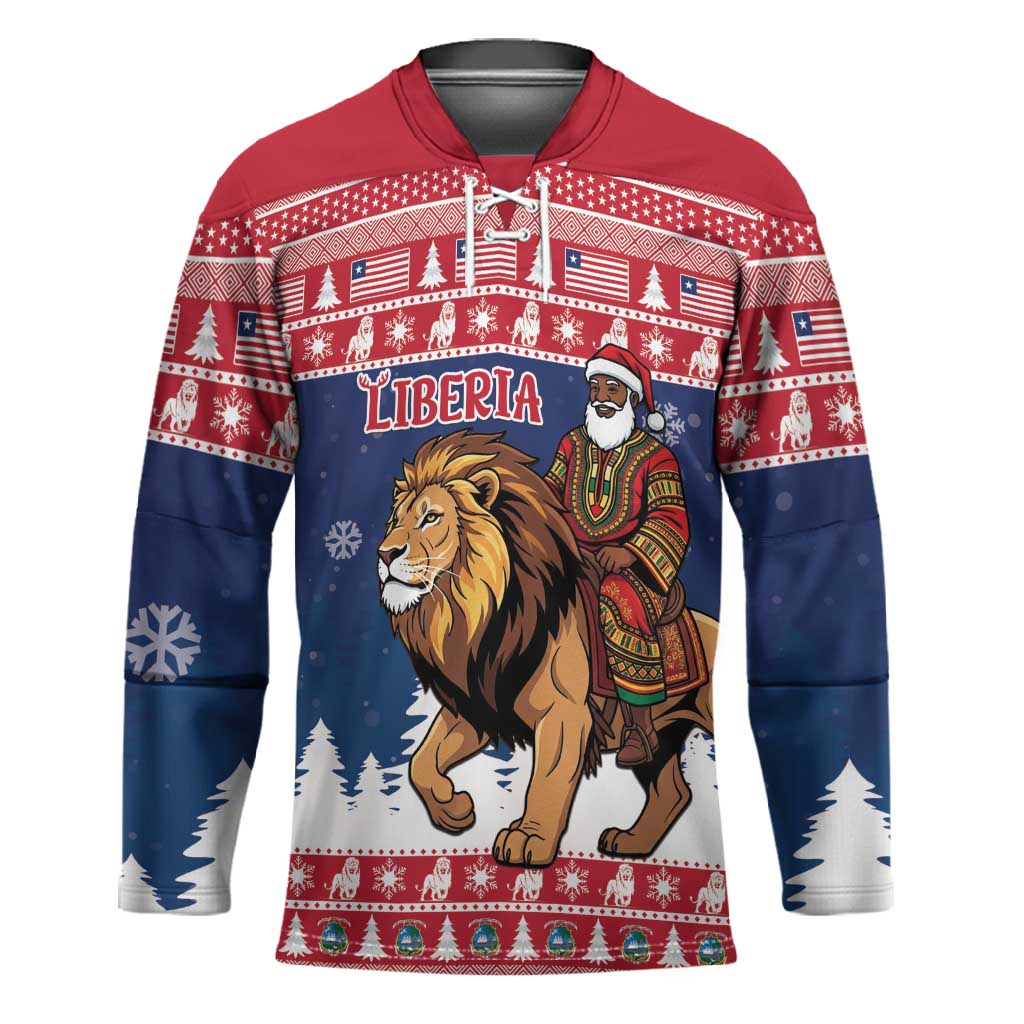 Personalized Liberia Christmas Hockey Jersey Black Santa Riding Lion - Merry Christmas