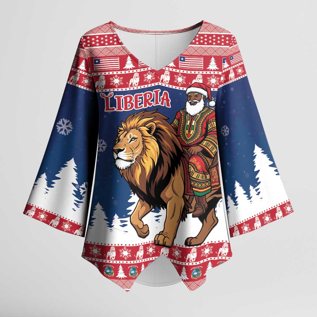 Personalized Liberia Christmas Kimono Sleeve Blouse Black Santa Riding Lion - Merry Christmas