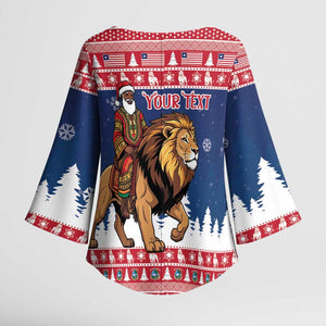 Personalized Liberia Christmas Kimono Sleeve Blouse Black Santa Riding Lion - Merry Christmas