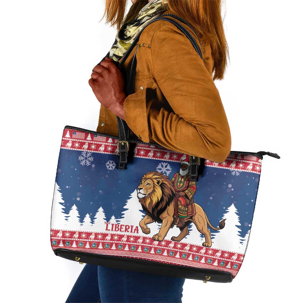 Afro Christmas in Liberia Leather Tote Bag Black Santa Riding Lion - Merry Christmas - African Pride