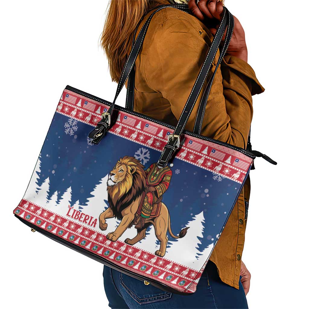 Afro Christmas in Liberia Leather Tote Bag Black Santa Riding Lion - Merry Christmas - African Pride