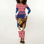 Personalized Afro Christmas in Liberia Long Sleeve Bodycon Dress Black Santa Riding Lion - Merry Christmas - African Pride