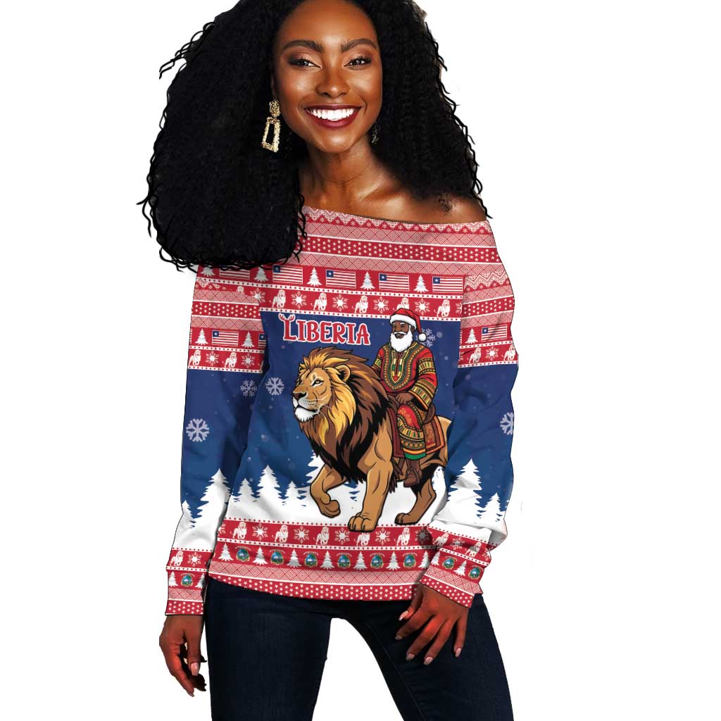 Personalized Afro Christmas in Liberia Off Shoulder Sweater Black Santa Riding Lion - Merry Christmas - African Pride