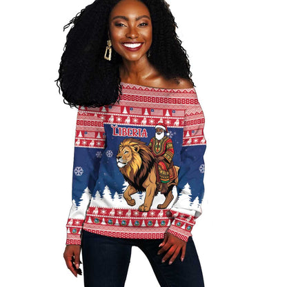 Personalized Afro Christmas in Liberia Off Shoulder Sweater Black Santa Riding Lion - Merry Christmas - African Pride