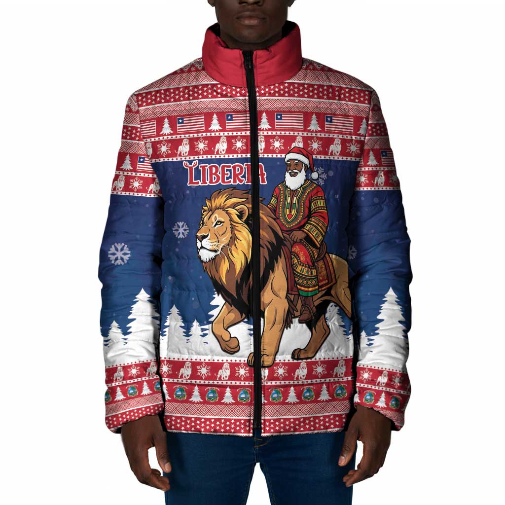 Personalized Liberia Christmas Padded Jacket Black Santa Riding Lion - Merry Christmas
