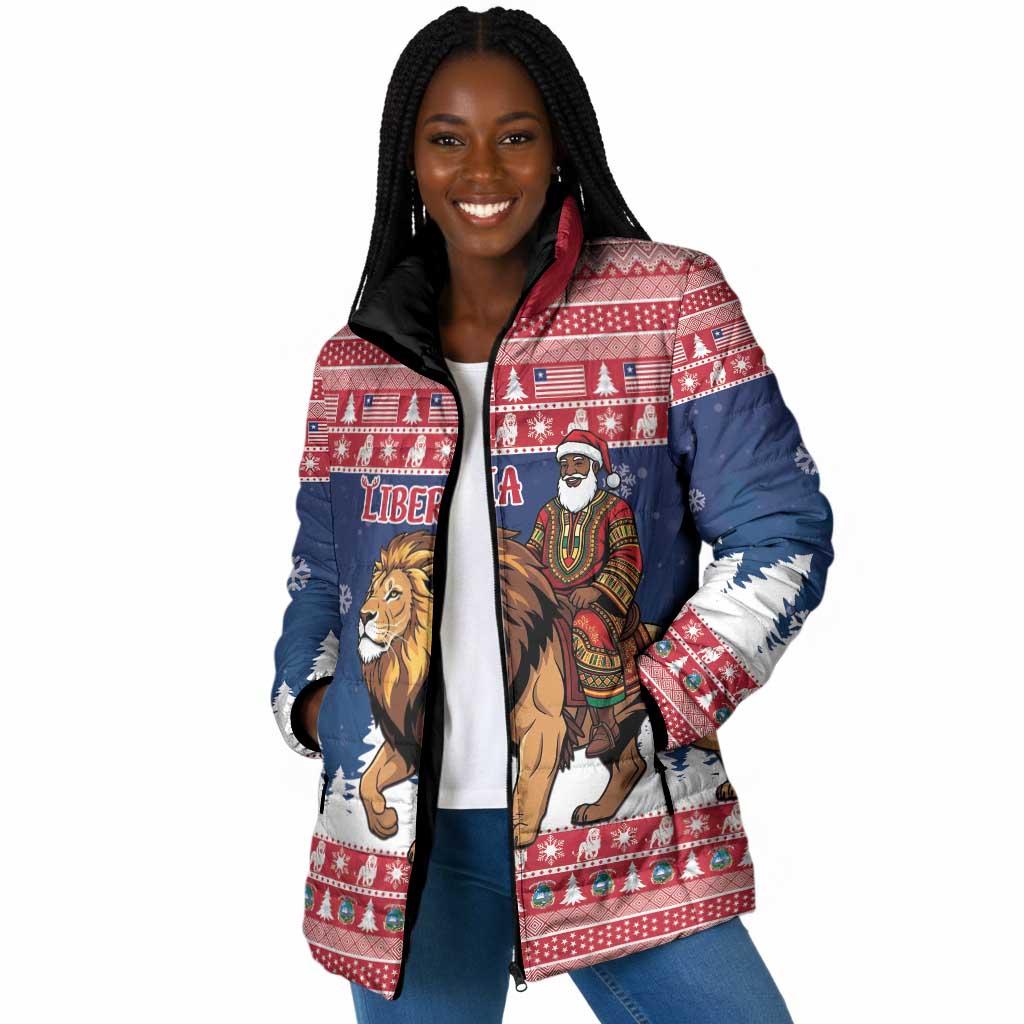 Personalized Liberia Christmas Padded Jacket Black Santa Riding Lion - Merry Christmas