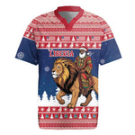 Personalized Afro Christmas in Liberia Rugby Jersey Black Santa Riding Lion - Merry Christmas - African Pride