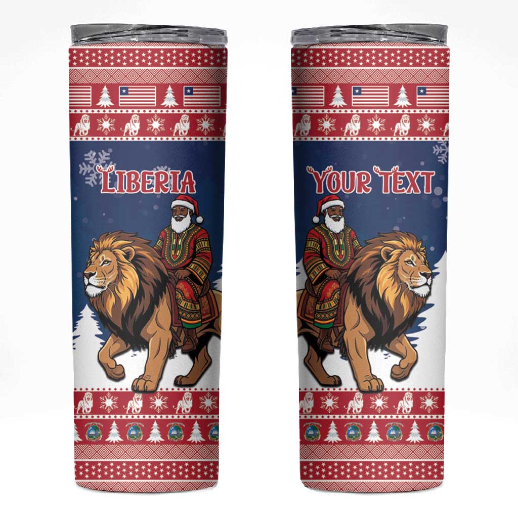 Personalized Afro Christmas in Liberia Skinny Tumbler Black Santa Riding Lion - Merry Christmas - African Pride