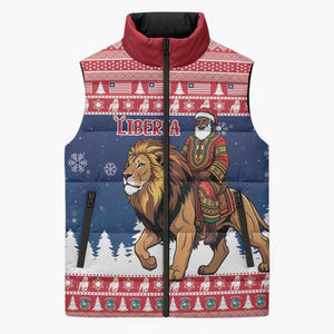 Personalized Liberia Christmas Sleeveless Puffer Jacket Black Santa Riding Lion - Merry Christmas