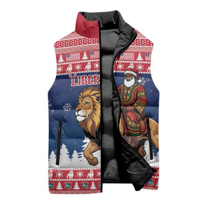 Personalized Liberia Christmas Sleeveless Puffer Jacket Black Santa Riding Lion - Merry Christmas