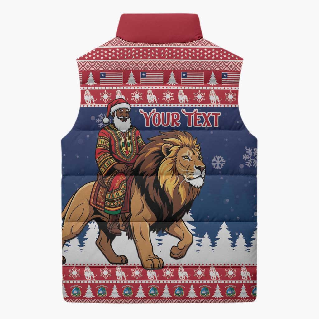 Personalized Liberia Christmas Sleeveless Puffer Jacket Black Santa Riding Lion - Merry Christmas