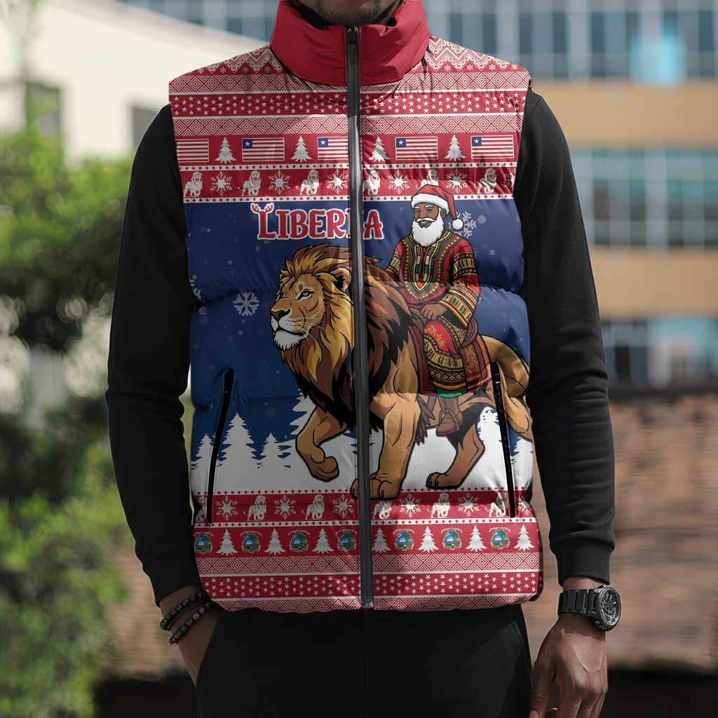 Personalized Liberia Christmas Sleeveless Puffer Jacket Black Santa Riding Lion - Merry Christmas