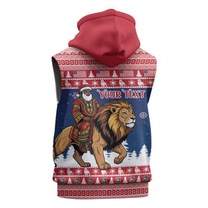 Personalized Afro Christmas in Liberia Sleeveless Zip Hoodie Black Santa Riding Lion - Merry Christmas - African Pride