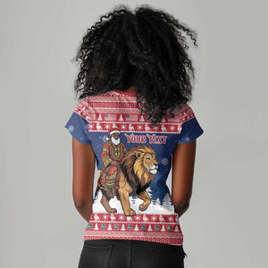 Personalized Afro Christmas in Liberia Women V-Neck T-Shirt Black Santa Riding Lion - Merry Christmas - African Pride